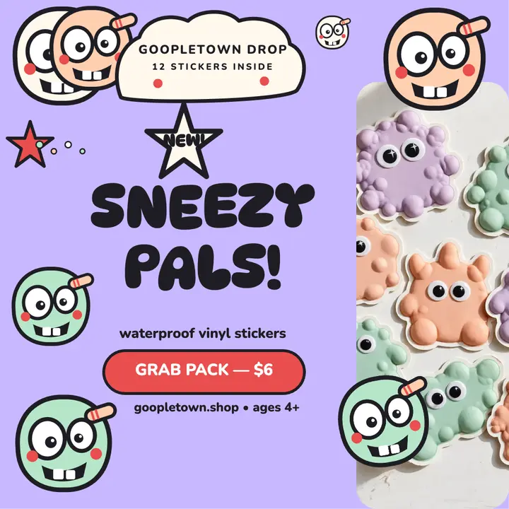 Goopletown Sneezy Pals sticker post: monster sticker pack post template