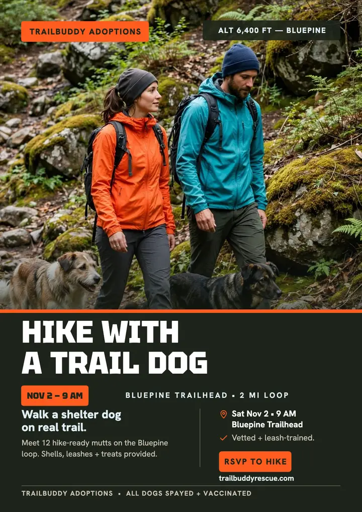Trailbuddy trail dog adoption hike flyer template
