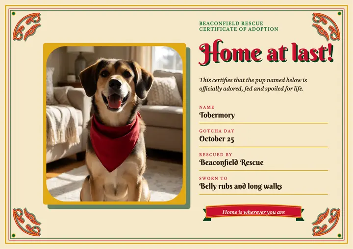 Gotcha Day adoption certificate, fileteado template