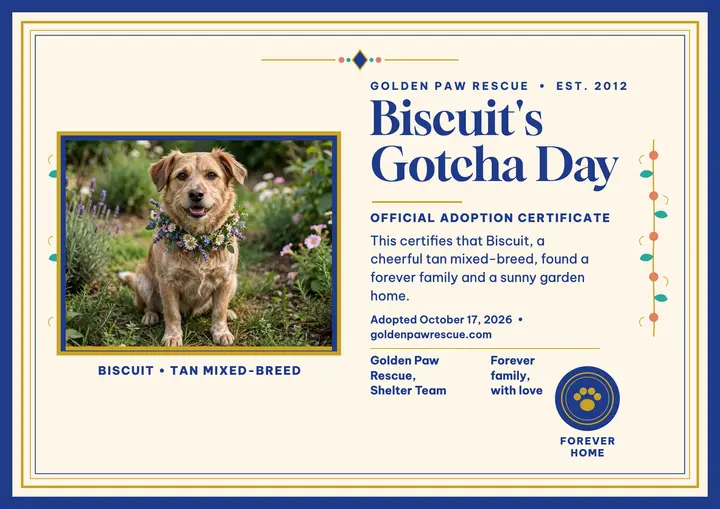 Biscuit gotcha day certificate, Golden Paw: gotcha day certificate template