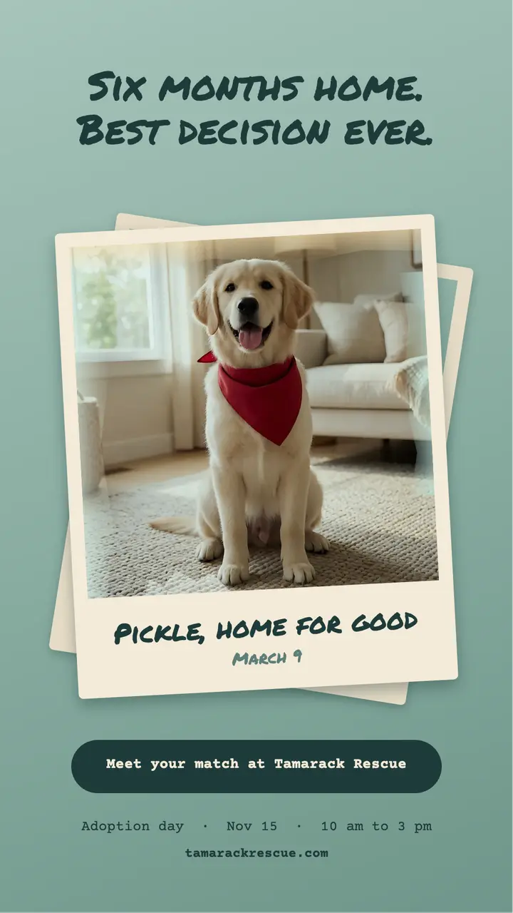 Tamarack Rescue gotcha day: pet adoption gotcha day story template