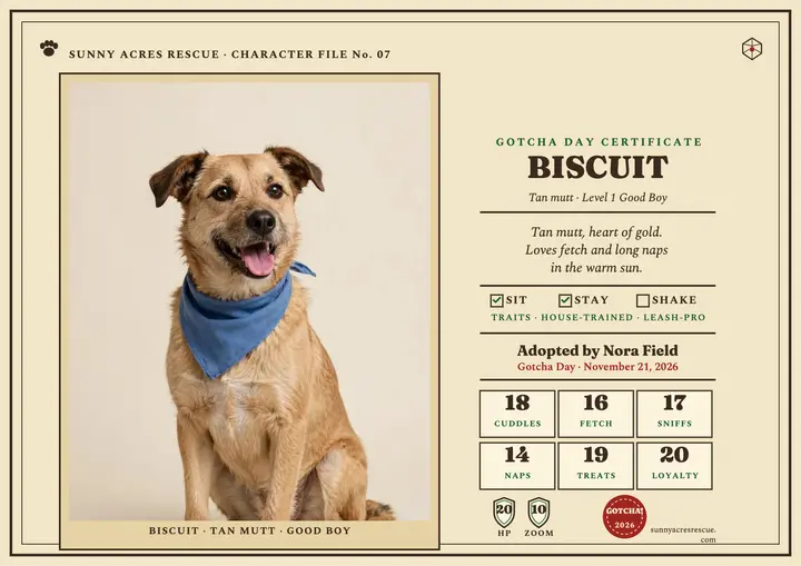 Biscuit gotcha day character certificate template