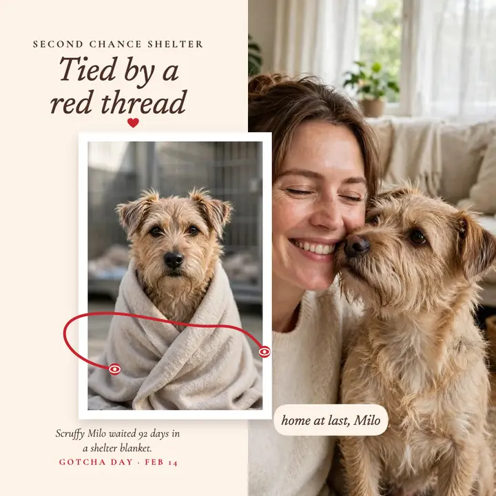 Milo gotcha day red thread post: pet adoption post template