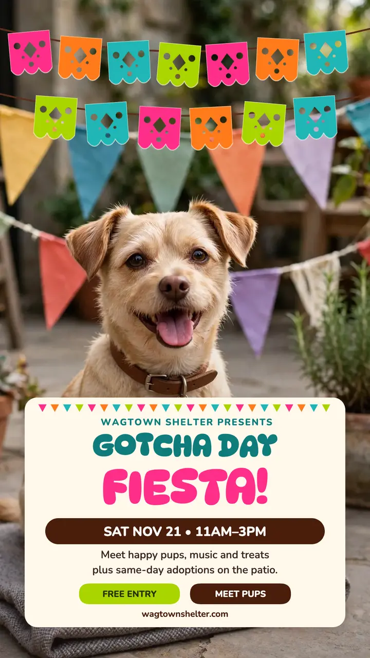 Wagtown Shelter gotcha day fiesta story template