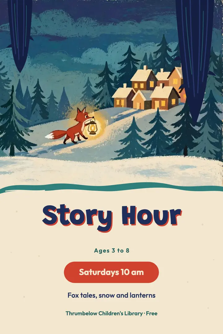 Library children's story hour poster, gouache fox template