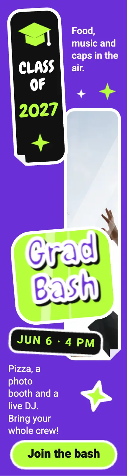 Class of 2027 Bash graduation party skyscraper ad: graduation party ad template