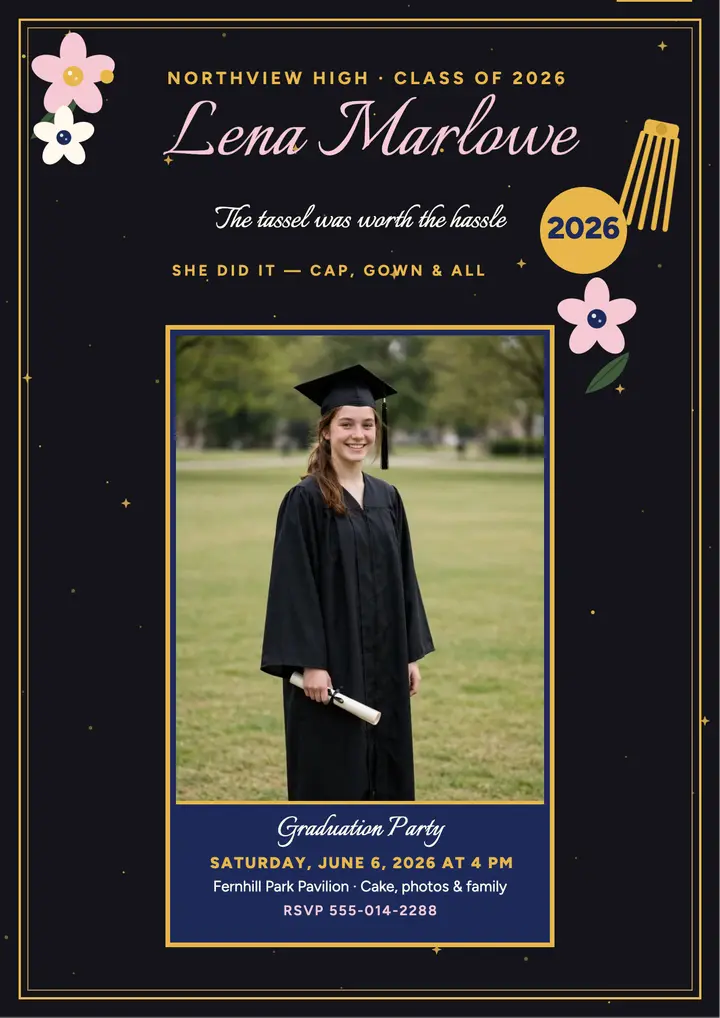 Lena Marlowe glitter grad cap party flyer: graduation party flyer template
