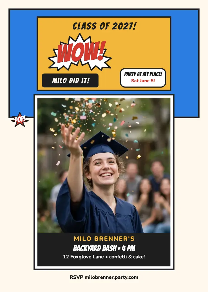 Milo comic graduation party invite: graduation party invitation template