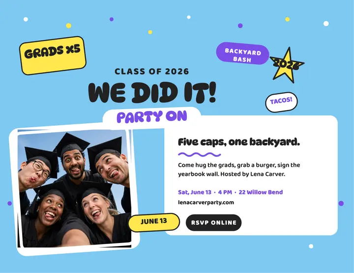 Grad group selfie backyard party flyer: graduation party flyer template