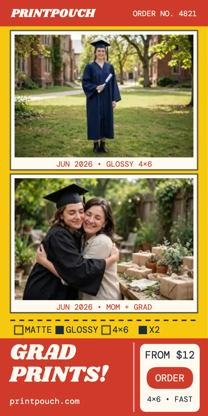 Printpouch grad prints envelope ad: graduation photo prints ad template
