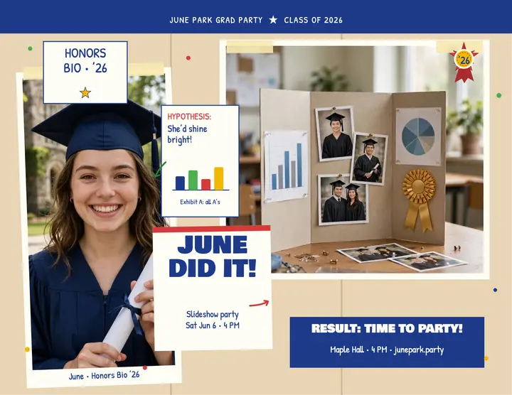June Park grad slideshow party flyer: graduation slideshow party flyer template