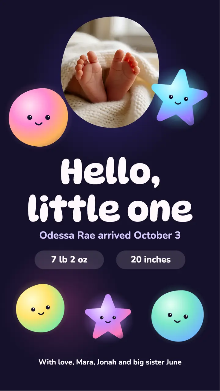 Baby Odessa gradient creatures announcement story: baby announcement story template