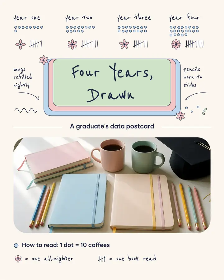 Four Years, Drawn graduation data postcard template