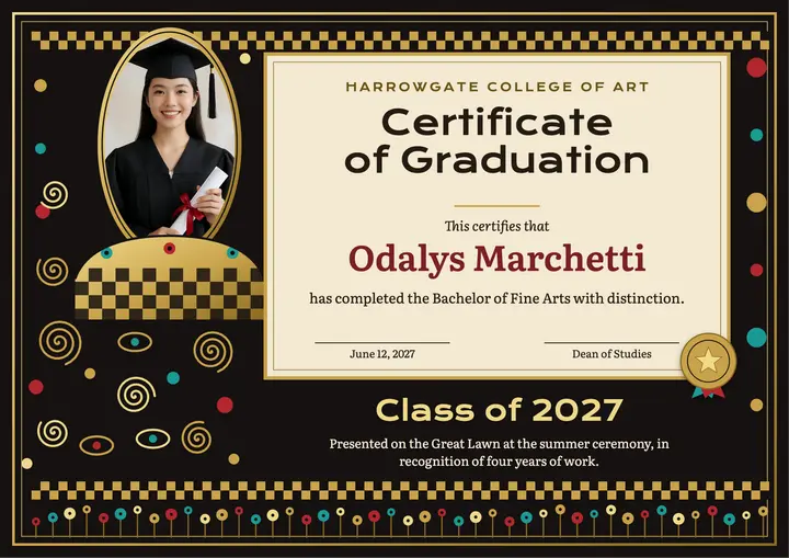 Harrowgate College of Art graduation certificate template