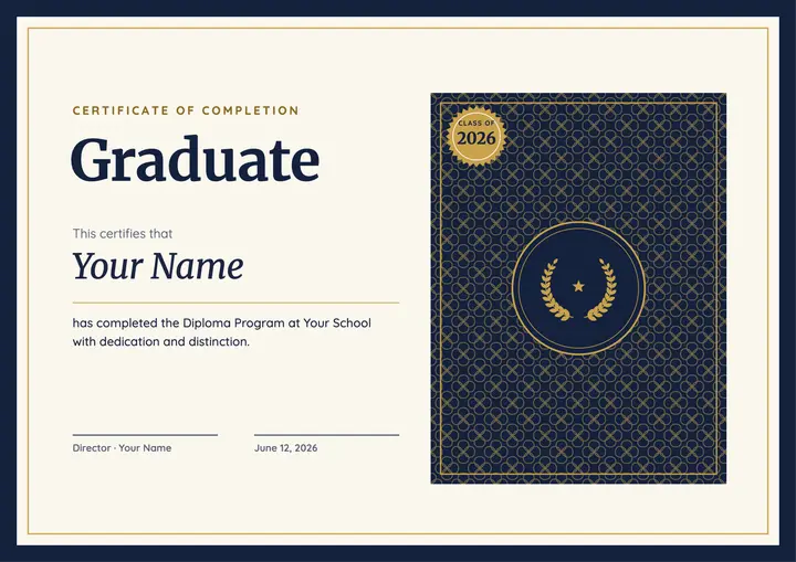 Navy and gold graduate certificate template