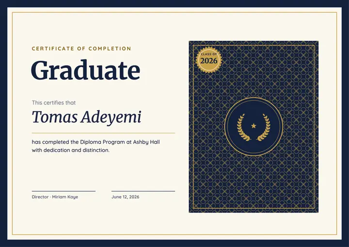 Navy and gold graduate certificate template