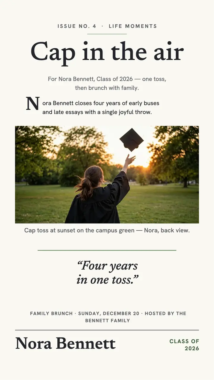 Nora Bennett graduation essay story card: graduation story card template