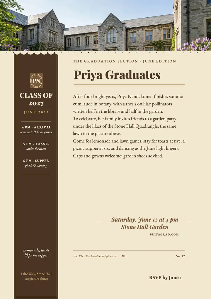 Priya's graduation garden party flyer: graduation garden party flyer template