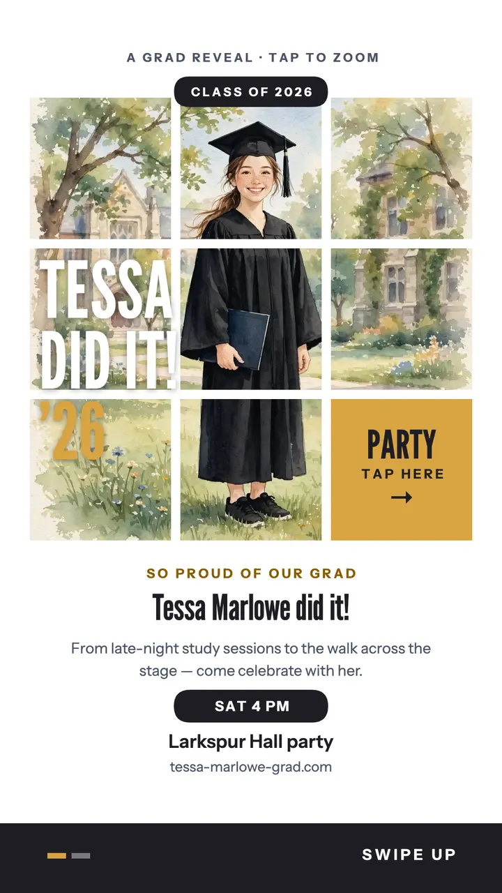 Tessa graduation grid reveal story: graduation reveal story template