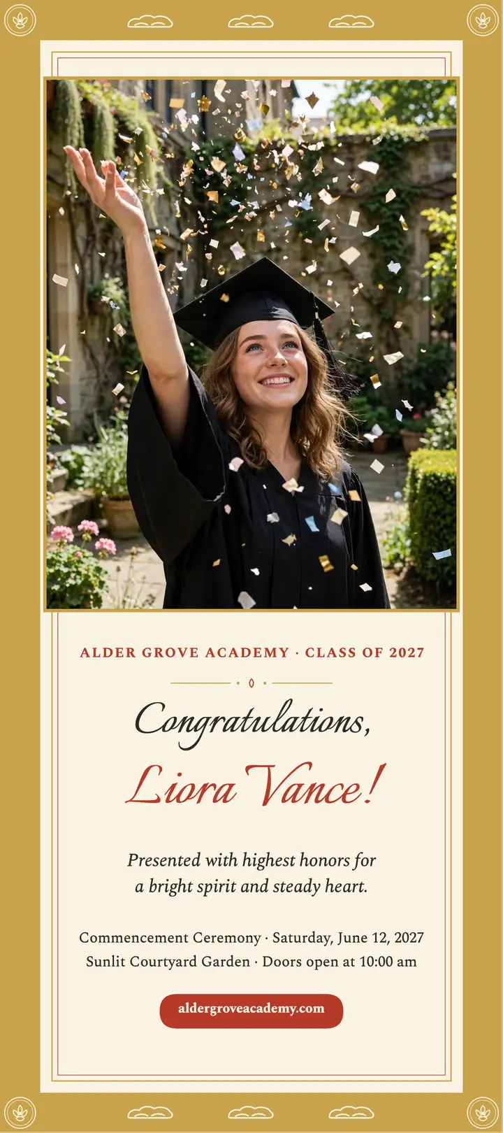 Liora Vance graduation commendation, Alder Grove: graduation commendation card template