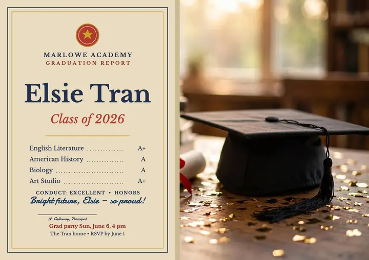 Elsie Tran graduation report card certificate template