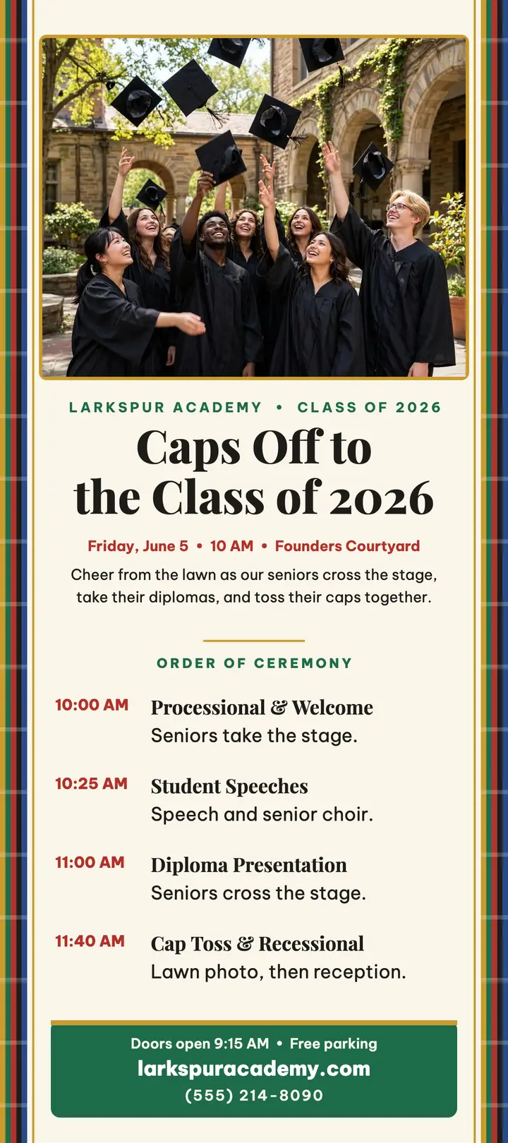 Larkspur Academy graduation program: graduation program rack card template