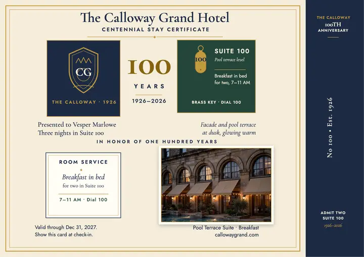 Calloway Grand anniversary stay certificate: hotel anniversary certificate template