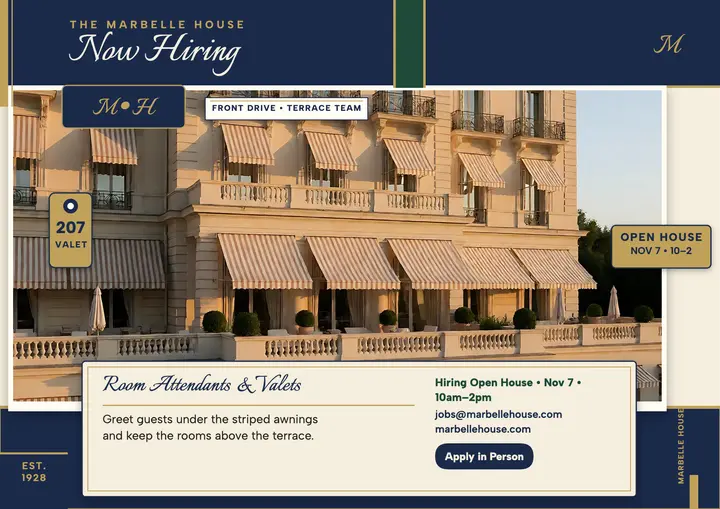 Marbelle House hotel hiring certificate template