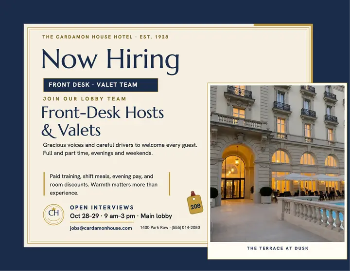 Cardamon House hotel hiring flyer template
