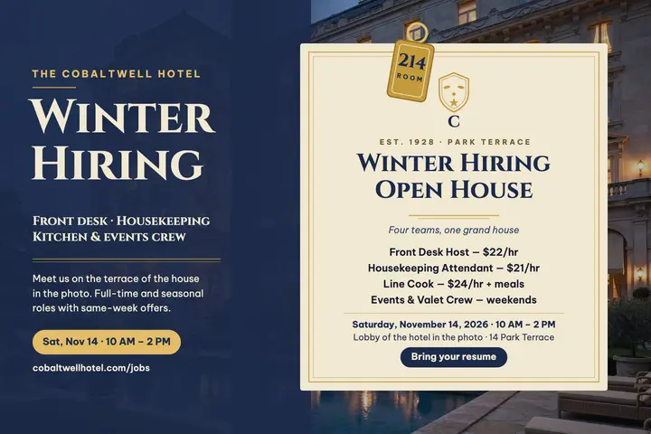 Cobaltwell Hotel winter hiring postcard: hotel hiring postcard template