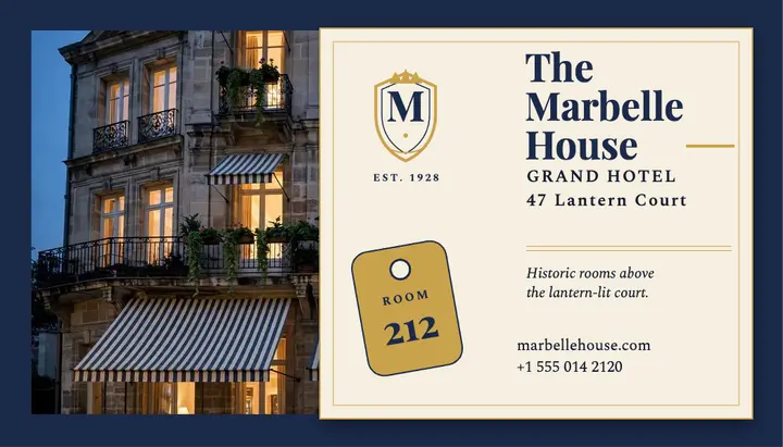 The Marbelle House grand hotel card: hotel business card template