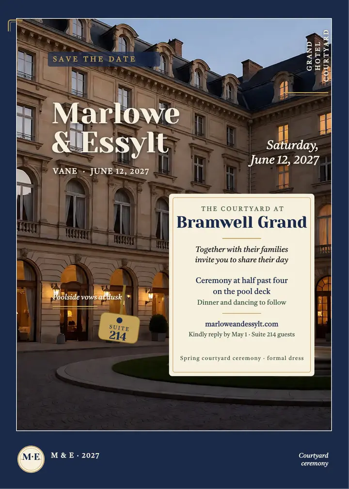 Marlowe and Essylt grand hotel save the date template