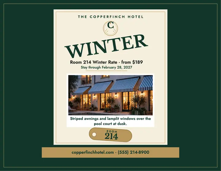 Copperfinch Hotel winter rate flyer template
