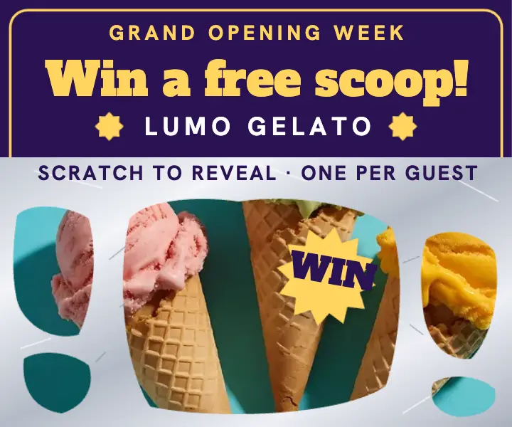 Lumo Gelato grand opening scratch-off ad: grand opening scratch card ad template
