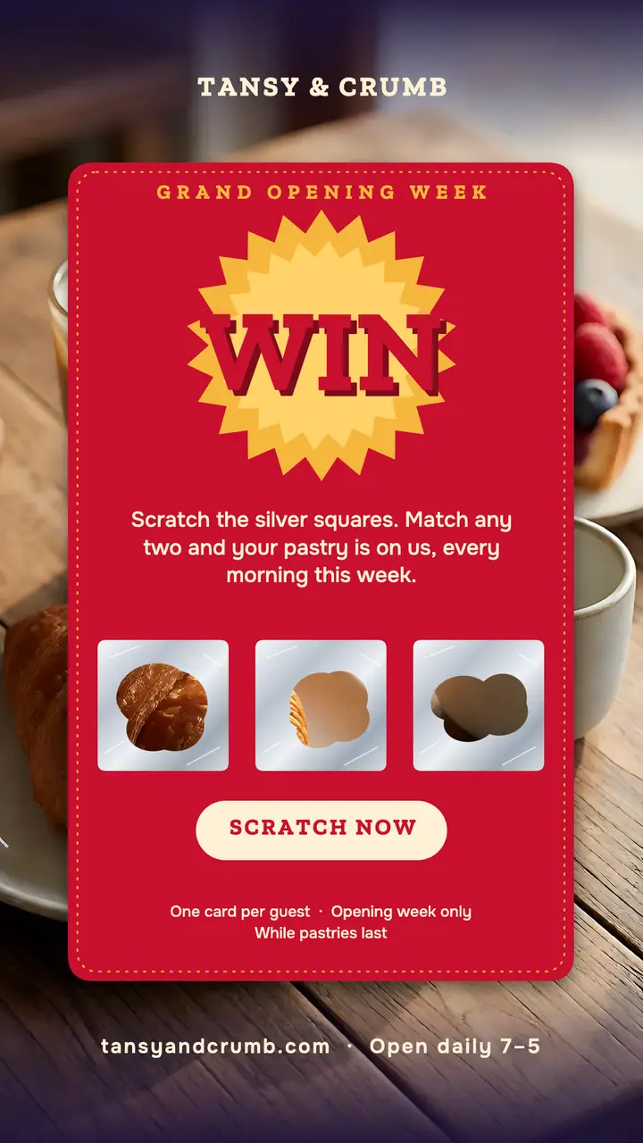 Grand opening scratch-off ticket story: grand opening scratch and win story template