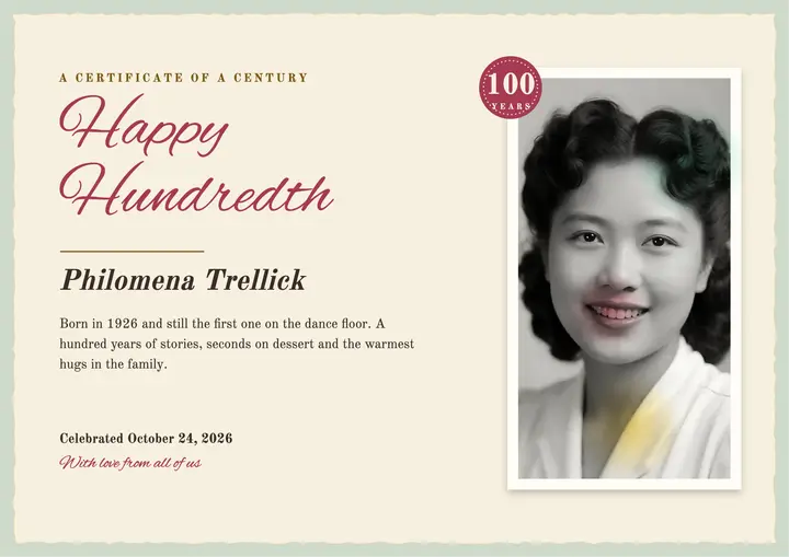 100th birthday keepsake certificate, hand-tinted photo template