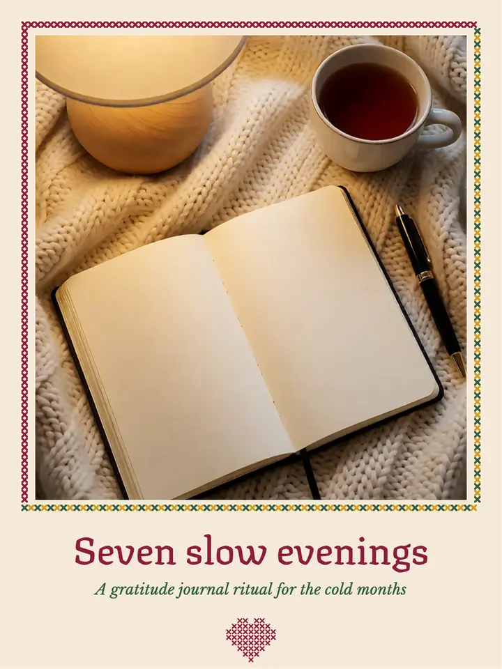 Seven slow evenings gratitude post, cozy cross-stitch template