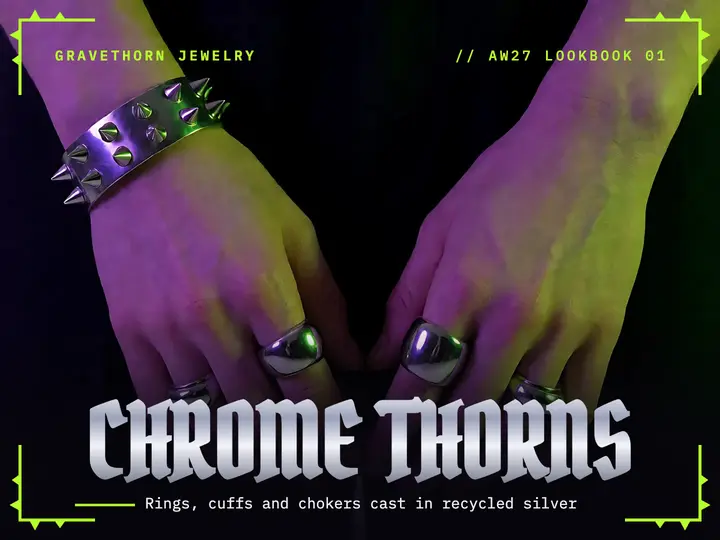 Gothic chrome jewelry lookbook slide, cyber goth: gothic chrome jewelry lookbook slide template