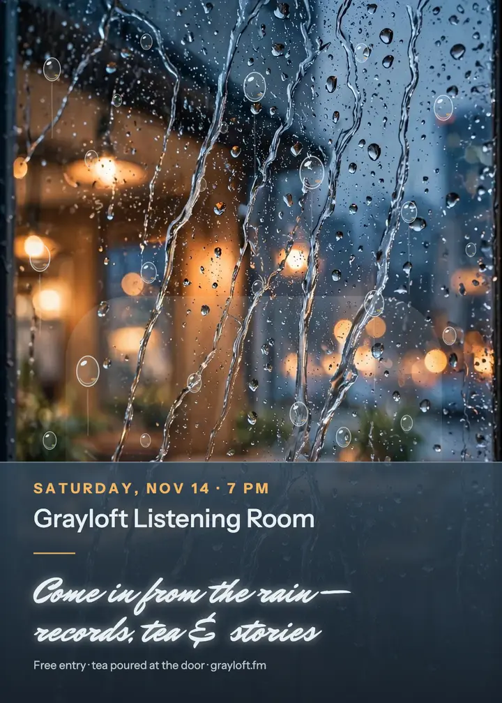 Grayloft Listening Room rainy night invitation template