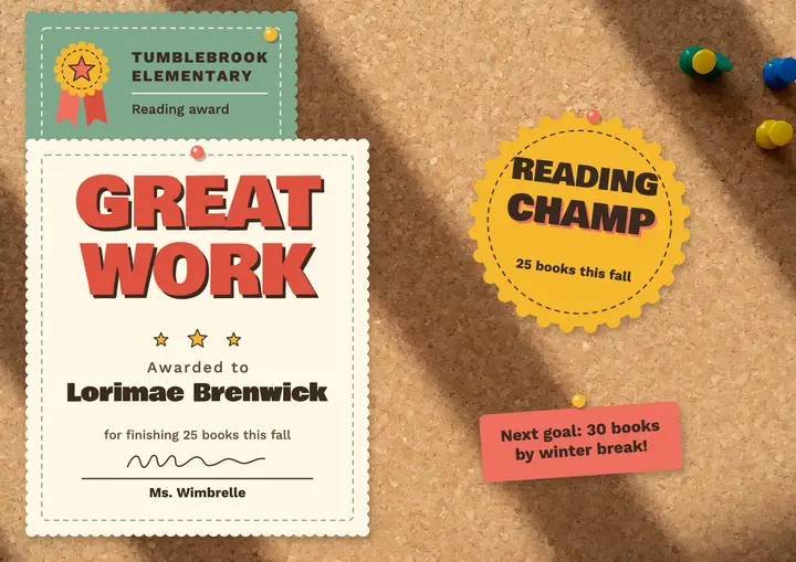Great Work reading award certificate, bulletin board template