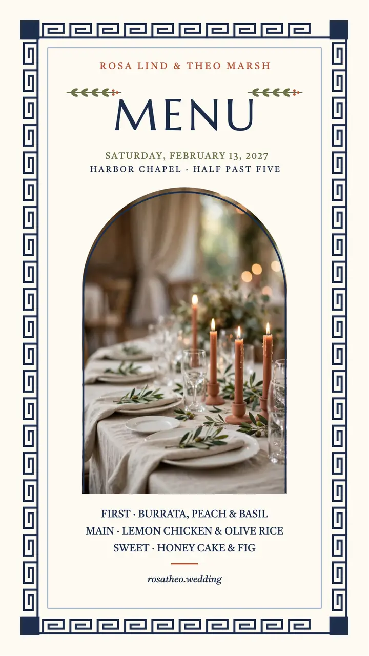 Rosa and Theo Greek key wedding menu story template
