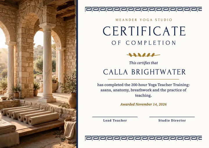 Meander Yoga teacher training certificate template