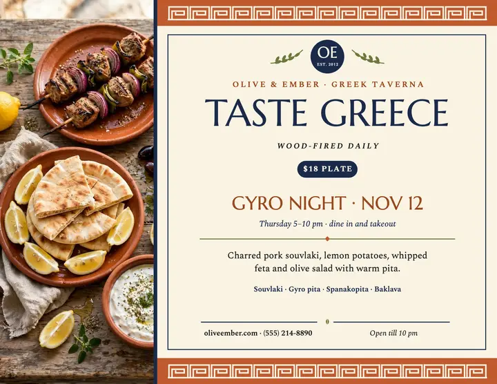 Olive and Ember Greek menu flyer template