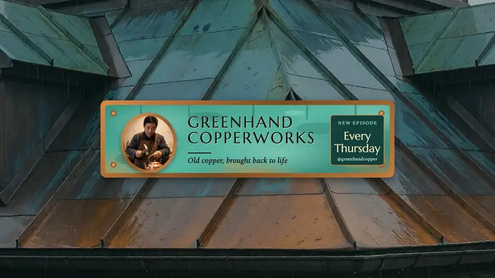 Greenhand Copperworks verdigris YouTube banner: copper restoration youtube banner template