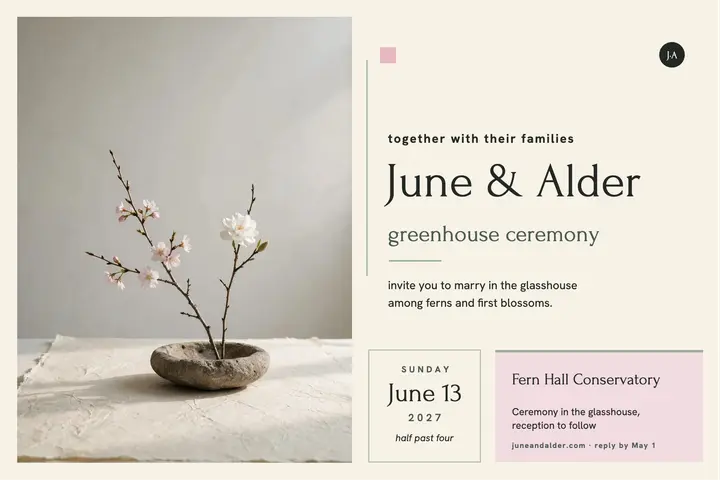 June and Alder greenhouse wedding invitation: wedding invitation postcard template