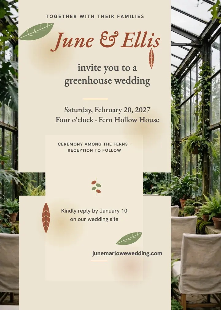 June and Ellis greenhouse wedding invitation: greenhouse wedding invitation template