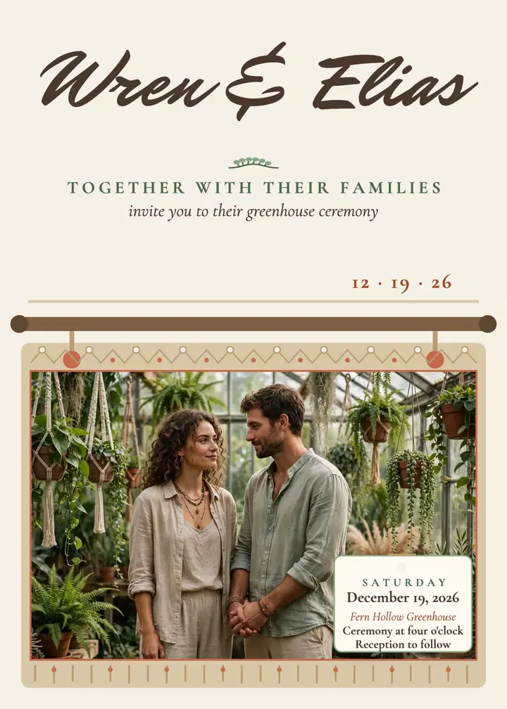 Wren and Elias greenhouse macrame invitation: boho wedding invitation template