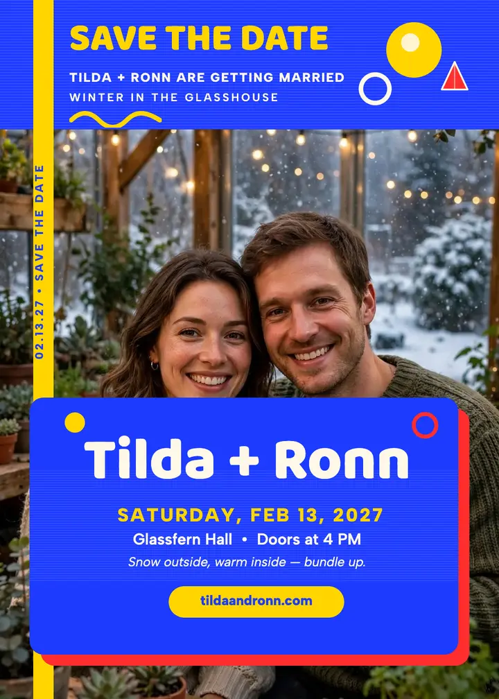 Greenhouse save the date, Tilda and Ronn template
