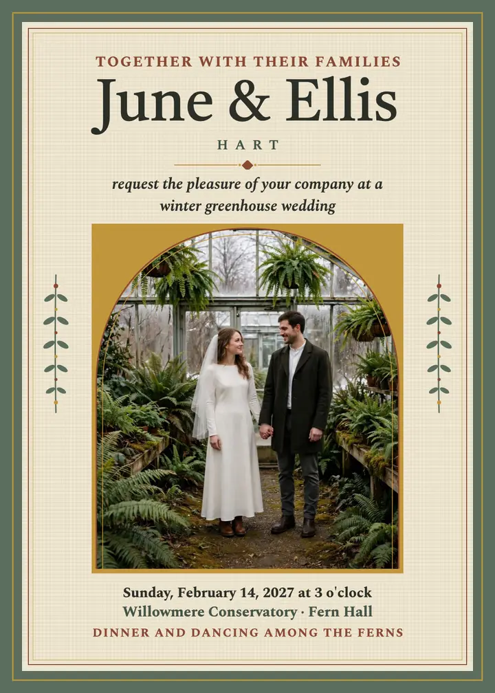 Greenhouse tapestry winter wedding invitation: greenhouse wedding invitation template