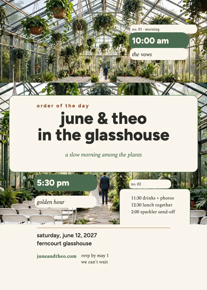 June and Theo greenhouse wedding day invitation template